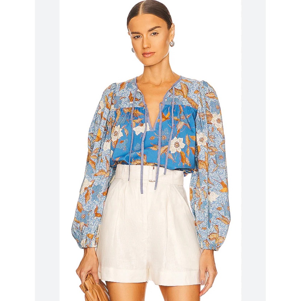 Ulla Johnson Blue Floral Print Tie‎ Neck Peasant Blouse Top Pre Fall 2022 Size 4